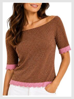 Kate Spade Metallic Knit Sweater Scallop Trim Ribbed M